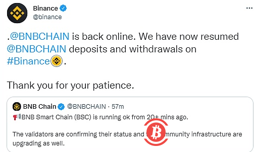  Binance：BNB Chain的存取款服务现已恢复 